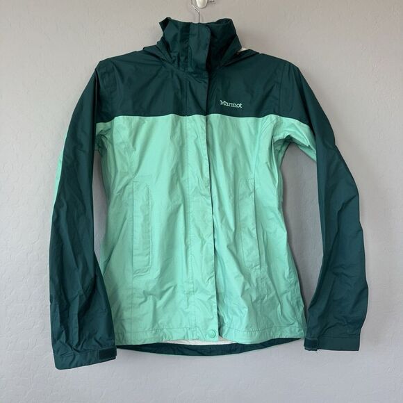 Marmot XSmall Green PreCip Hooded Full‎ Zip Rain Windbreaker Lightweight Jacket - Picture 1 of 13